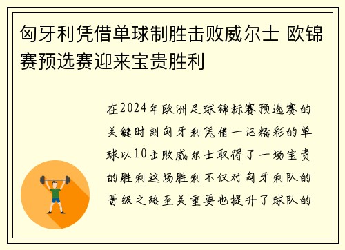 匈牙利凭借单球制胜击败威尔士 欧锦赛预选赛迎来宝贵胜利