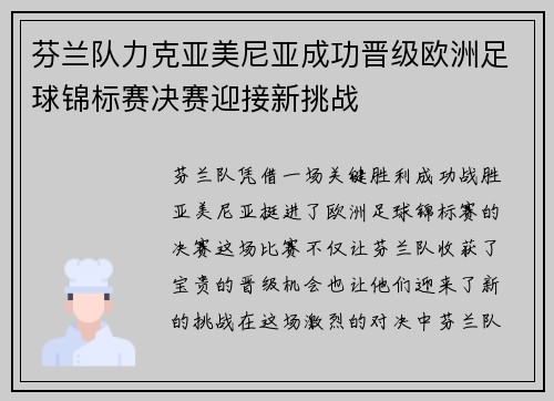 芬兰队力克亚美尼亚成功晋级欧洲足球锦标赛决赛迎接新挑战