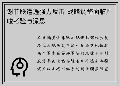 谢菲联遭遇强力反击 战略调整面临严峻考验与深思