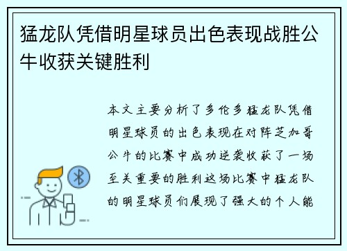 猛龙队凭借明星球员出色表现战胜公牛收获关键胜利