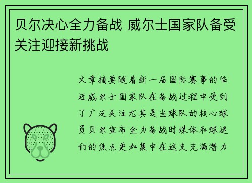 贝尔决心全力备战 威尔士国家队备受关注迎接新挑战