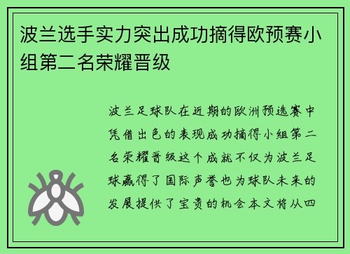 波兰选手实力突出成功摘得欧预赛小组第二名荣耀晋级