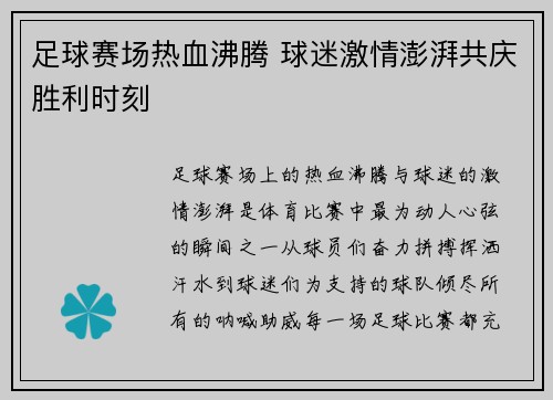 足球赛场热血沸腾 球迷激情澎湃共庆胜利时刻