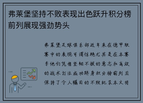 弗莱堡坚持不败表现出色跃升积分榜前列展现强劲势头