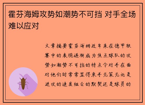 霍芬海姆攻势如潮势不可挡 对手全场难以应对
